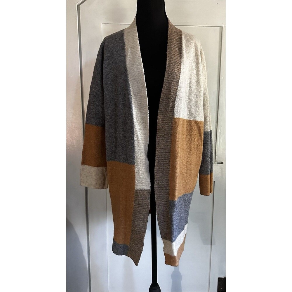 🖤BKE Open Cardigan Sweater Colorblock Fall Gray Brown Tan Neutral Costal Sz XS